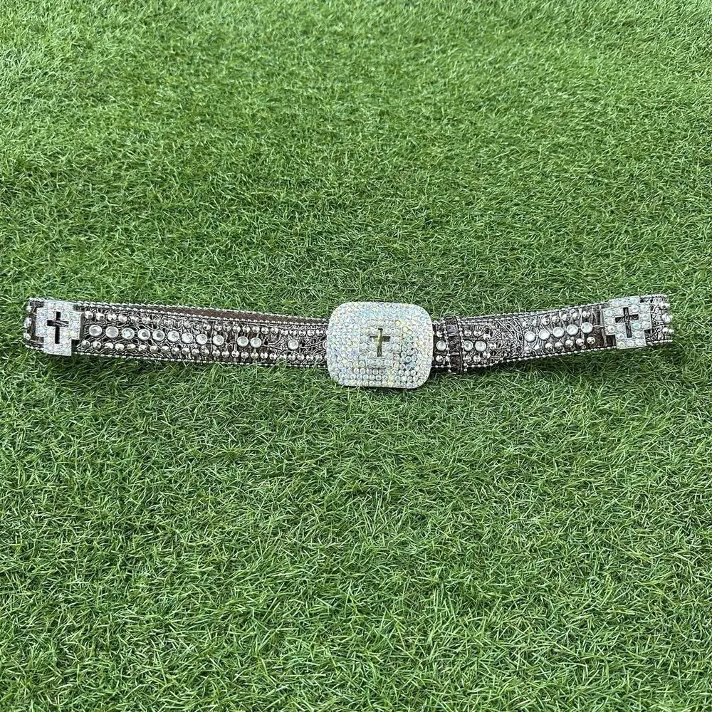 Pewter Rhinestone Cross‎ Crystal Croco Leather Snap On Buckle Belt Medium